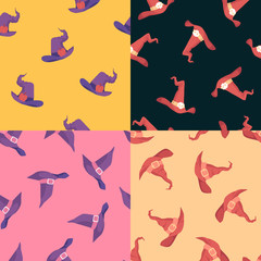 Halloween seamless patterns set with witch hats, flat vector illustration.
