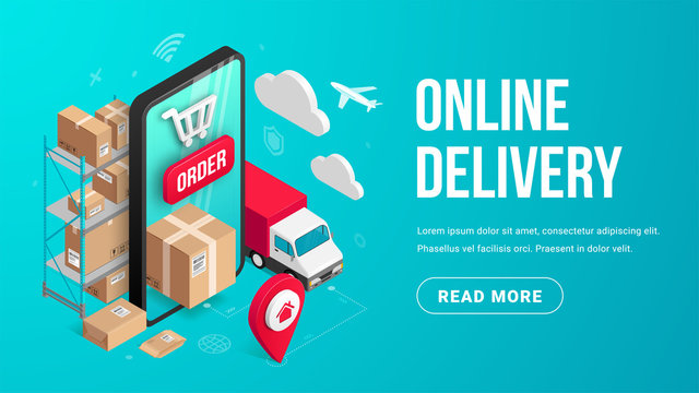 Delivery online isometric banner concept with smartphone, parcel box, truck, pin, storage shelves on blue background. Logistic order delivery service 3d vector illustration for web, mobile app, advert