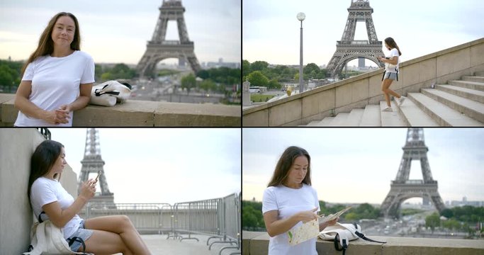woman in Paris, collage of shots with Eiffel tower, summer vacation