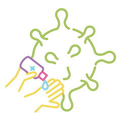 hands sanitizer, bottle of desinfectant, covid 19 prevention, line style vector illustration design