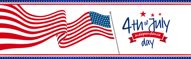 Waving American national flag with 4th of July independence day greeting. Star pattern on white background. Banner, web slider, postcard, etc. vector design.