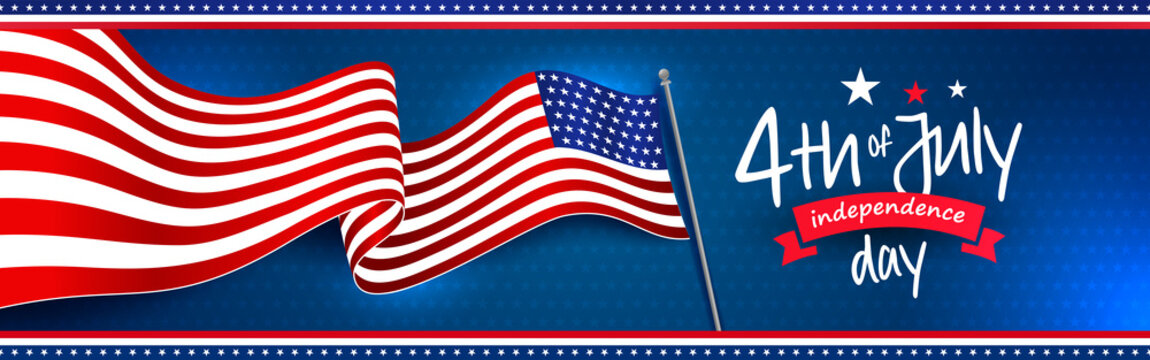 Waving American national flag with 4th of July independence day greeting. Star pattern on dark blue background. Banner, web slider, postcard, etc. vector design.