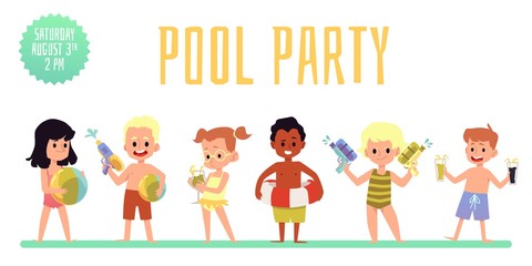 Children pool party banner with cute kids, flat vector illustration isolated.