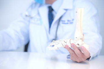 Orthopedic doctor in his office with the patient and the foot model orthopedic doctor in his office...