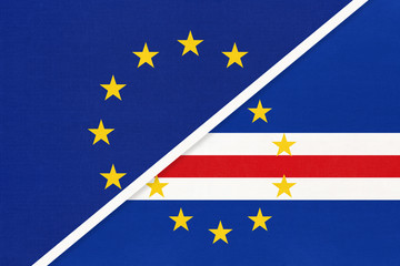 European Union or EU and Cape Verde national flag from textile. Symbol of the Council of Europe association.