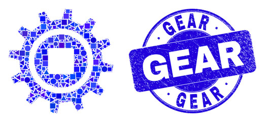 Geometric gear mosaic pictogram and Gear seal. Blue vector rounded textured seal stamp with Gear title. Abstract mosaic of gear made of sphere, triangles, square geometric spots.
