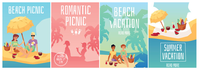 Vector set of posters with illustrations of a picnic on the sea beach.