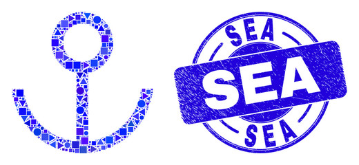 Geometric anchor mosaic pictogram and Sea seal stamp. Blue vector round textured seal stamp with Sea message. Abstract concept of anchor combined of circle, triangles, square geometric spots.