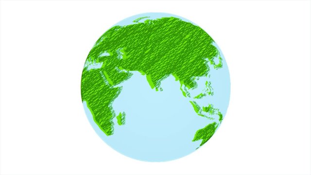 Earth Cartoon Sketch Animation. Illustrated Green Planet Turning on White Background. Seamless Loop 4K Video. 
