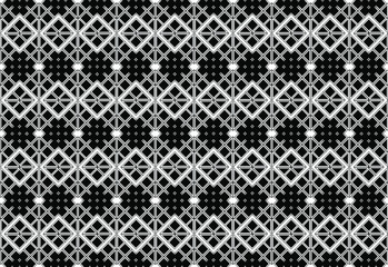 Intricate linear black and white repeating pattern of squares and diamond shapes, vector illustration