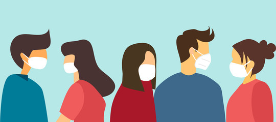 People wearing medical mask to prevent Covid-19 coronavirus disease pandemic outbreak. Covid-19 influenza infection of human health concept vector illustration. Healthcare in flat design.