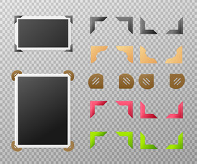 Photo album set with photographs and corners 3d vector illustration isolated.