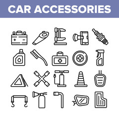Car Accessories Tool Collection Icons Set Vector. Car Battery And Brush, Vacuum Cleaner And Jack, Wrench And Pump, Mirror And Mat Concept Linear Pictograms. Monochrome Contour Illustrations
