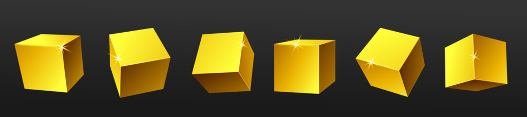 Gold metal shiny cubes set realistic vector illustration isolated on black.