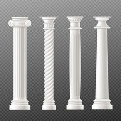 Set antique columns or pillars, realistic vector mockup illustration isolated.
