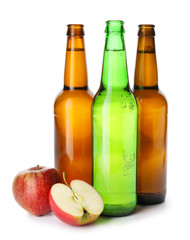 Bottles of apple cider on white background