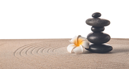 Fototapeta na wymiar Stones and flower on sand with lines against white background. Zen concept