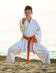 Boy practising karate at seaside