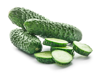 Fresh green cucumbers on white background