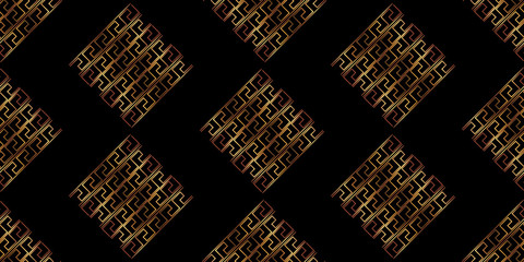 Abstract shapes geometric pattern with lines. Simple graphic print. A seamless vector background. Dark and gold texture.