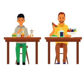 Two men eating healthy and unhealthy food at separate tables