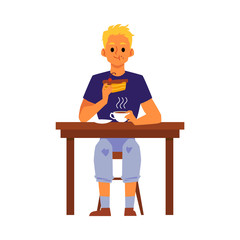 Man cartoon character eats sitting at table, flat vector illustration isolated.