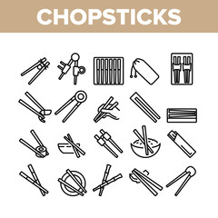 Chopstick Utensil Collection Icons Set Vector. Chopstick Bamboo Wooden Kitchenware For Eating In Oriental Restaurant Sushi And Rice Concept Linear Pictograms. Monochrome Contour Illustrations