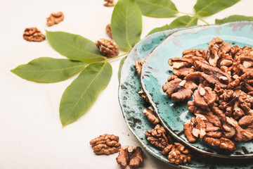 Plate with tasty walnuts on light background