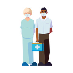 Men doctors with uniforms mask and kit vector design