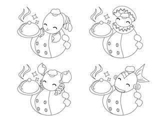 Chef cute cartoon vector seafood of lobster or shrimp or prawn and shellfish or oyster or scallop and crab and fish hold the serve plate with lid on the hand