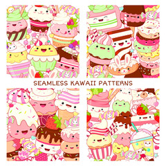 Set of seamless patterns with cute sweet desserts
