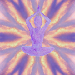 watercolor silhouette of a man practicing yoga on a kaleidoscope background. lotus pose composition. karma meditation collage