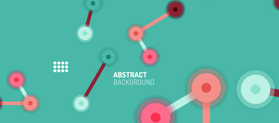 Flat style geometric abstract background, round dots or circle connections on color background. Technology network concept.