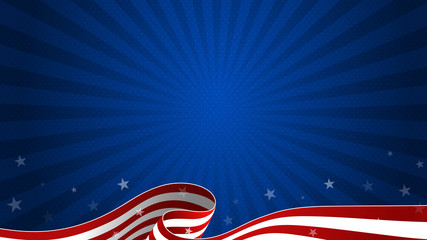 Trendy Fourth of July dark blue background with waving USA flag and starburst. 4th July greeting card, postcard, sale banner, discount banner template. Vector design. © Tajuddin