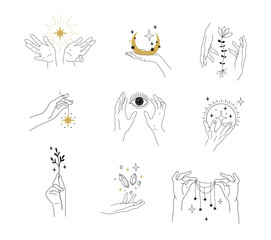 Obraz premium Set of modern simple magic drawings with crystals, stars, moon. Design elements for weddings, tattoos, trendy boho style. Vector linear illustration isolated on white background