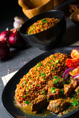 Buckwheat groats baked in the oven with beef goulash