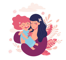 Mother's Day Greeting Card. Happy mom hugs her baby, cute poster. A woman holds a girl in her arms. Flat vector illustration