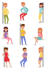 Men and Women Characters Standing Braced Against the Wall and Sitting in Different Poses Vector Illustrations Set