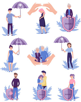 People Characters Under Umbrellas and Behind Shields as Symbol of Insurance Service for Proper Health Vector Illustrations Set