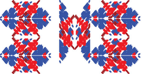 Red and blue embroidery ornament. Fashion texture for fabric textile.