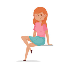 Red Haired Female Sitting Alone Outdoor and Smiling Vector Illustration