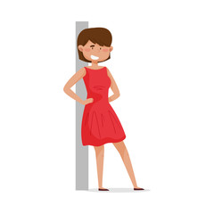 Young Dark-haired Woman Leaning Against the Wall and Smiling Vector Illustration