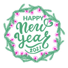 Happy new year 202. Brush calligraphy. Hand writing lettering congratulation phrase with evergreen wreathe and ligting red lamps garland. Best wishes. 