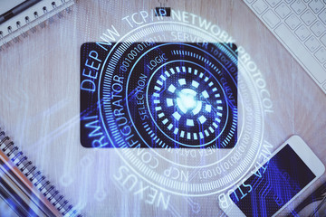 Multi exposure of technology theme drawing over work table desktop. Top view. Global data analysis concept.