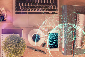 Double exposure of social network theme drawing over table with phone. Top view. People connecting concept.