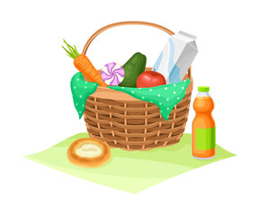 Picnic Wicker Hamper with Foodstuff for Eating Outdoors Vector Illustration