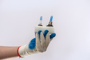 Human hand in glove holding new halogen car light bulbs, isolated
