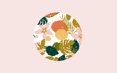 Colorful tropical leaves and flowers background vector illustration. Exotic plants, branches, flowers and leaves art print for beauty and natural products, spa and wellness, fabric and fashion