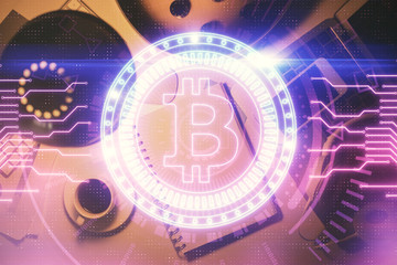 Multi exposure of crypto theme drawing and work table top veiw. Concept of blockchain technology in...