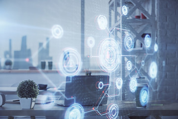 Double exposure of data theme drawing and office interior background. Concept of technology.